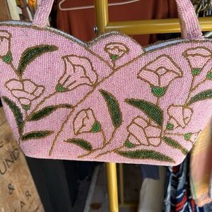 Rare and Vintage Beaded Pink Floral Top-Handle Bag